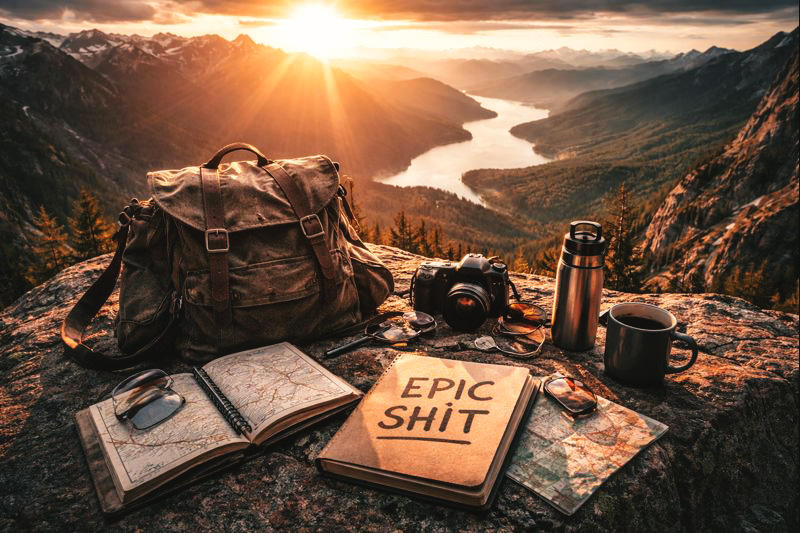 A rugged canvas backpack sits on a rocky mountain overlook at sunrise, surrounded by a camera, folded maps, a metal water bottle, and a coffee mug. In the foreground, a notebook labeled “Epic Shit” rests open beside travel gear, while golden light spills across distant mountains, forests, and a winding lake below, suggesting preparation, exploration, and intentional living.